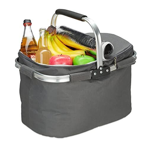 Relaxdays Borsa Frigo Termica, 27 L Cestino Spesa Pieghevole con Coperchio e Manico, Picnic Bag, Portavivande, Grigio