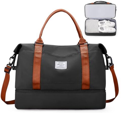 SEAFEW Borsone da Viaggio Donna, 45x36x20 Easyjet Bagaglio a Mano Borsa da Viaggio con Scomparto per le Scarpe, Borsa Sportiva Borsone da Palestra Grande, Borsa da Weekend,Borsa per Ospedale,E9-Marrone nero