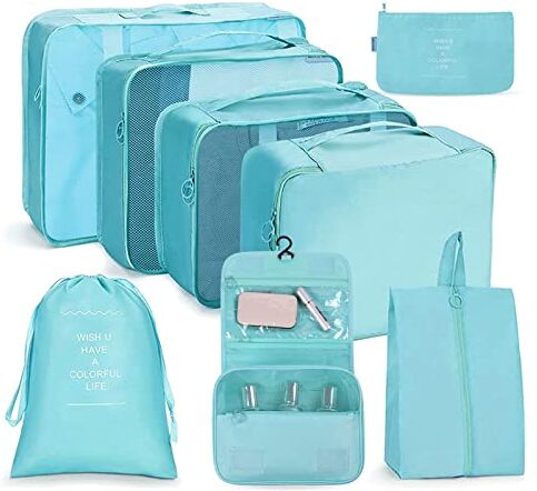 OSDUE Organizer Valigie, 8 Pezzi Waterproof Packing Cube Set, Separatori Buste Viaggio Travel Organizer, Abbigliamento Intimo Calzature Organizzatori Sacchi Valigia di Stoccaggio Set(Blu acceso)