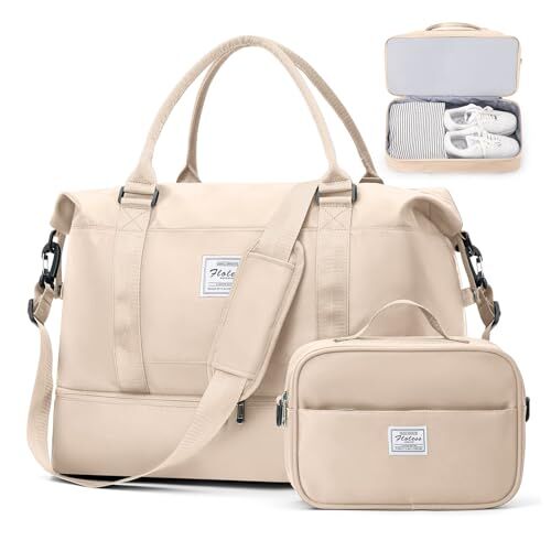 SEAFEW Borsone da Viaggio Donna, Bagaglio a Mano Borsa da Viaggio con Scomparto per le Scarpe, Borsa Sportiva Borsone da Palestra Grande, Borsa da Weekend, Borsa per Ospedale,C5 beige