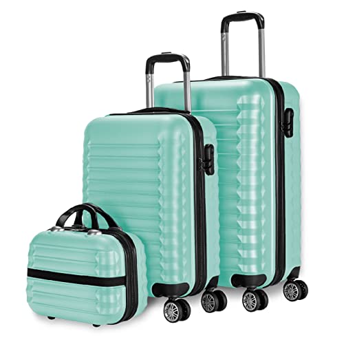 NUMADA Set di valigie 3pzs (53/63cm) e borsa da toilette Verde Menta, ABS Resistente, Leggero con 4 ruote doppie e lucchetto combinazione laterale