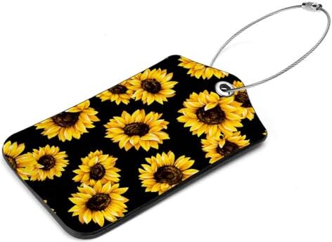 Generic Set di 2 etichette per bagagli in pelle PU nera con girasole per valigie da viaggio e crociera con anello in acciaio inossidabile