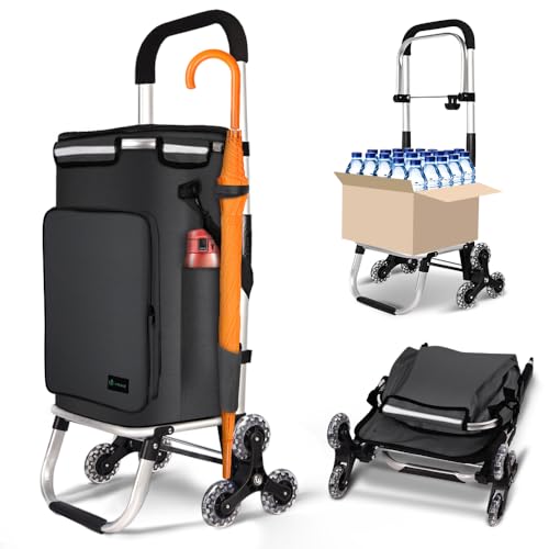 VOUNOT Carrello Spesa Pieghevole in Alluminio, Carrello Portaspesa 6 Ruote con Borsa Termico e Ganci, 50 L, Nero