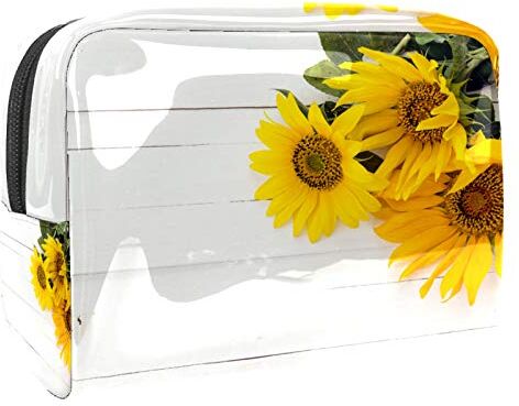 FunHOMEs Piccola borsa da viaggio per cosmetici da viaggio per donne e ragazze, impermeabile, portatile, organizer per riporre tutti i giorni, un bouquet di girasoli gialli su tavole di legno dipinte di bianco