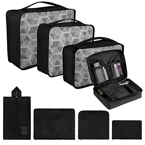 Coolzon Organizer Valigie Viaggio Set 8 Pezzi set, Cubi di Imballaggio Organizer Valigia Perfect Storage Travel Luggage Organizer per i vestiti,Cosmetici,Scarpe,Intimo, Nero