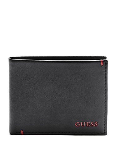 Guess Men's Leather Slim Bifold Wallet, Julian Black/Red, One Size