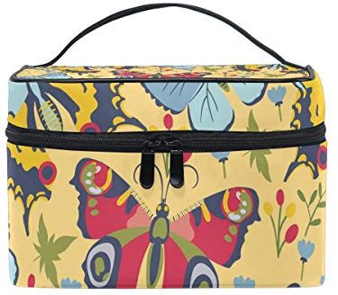 hengpai Borsa per cosmetici da viaggio con farfalle blu e fiori gialli, organizer da donna