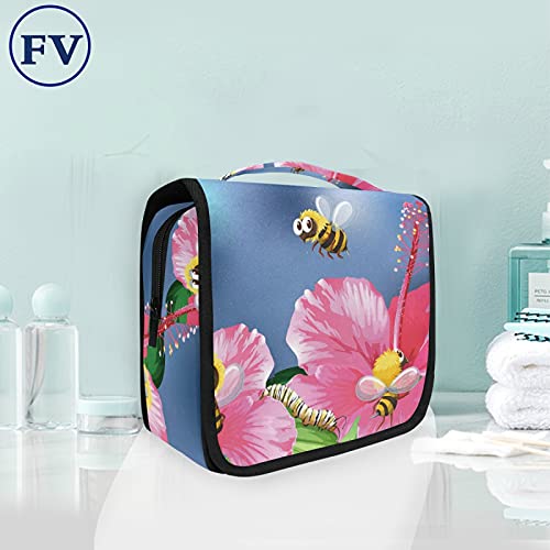 BEUSS Ape Fiore Rosa Appeso Pieghevole da Toilette Borsa da viaggio Trousse da Toilette Beauty Case per da Donna Ragazza