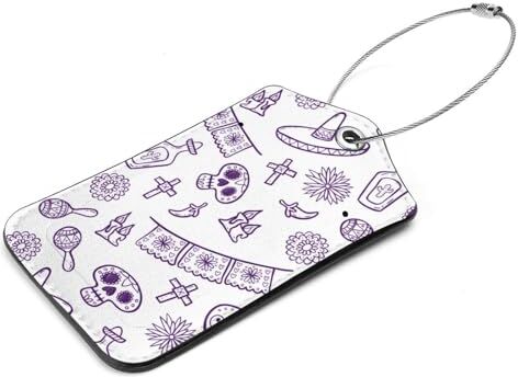 Generic Confezione da 2 etichette per bagagli in pelle viola con motivo Doodle Dia De Muertos, con etichetta identificativa per la privacy e anello in acciaio inossidabile, per donne e uomini, etichette da