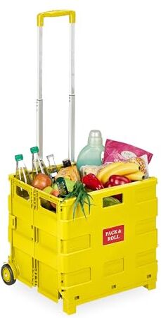 Relaxdays Carrello per Spesa Pieghevole, 35 kg Carico, Manico Telescopico, Carrellino Trolley Portaspesa, Cesto, Giallo, Plastica, Alluminio, Gomma, 98 x 45,5 x 37 cm