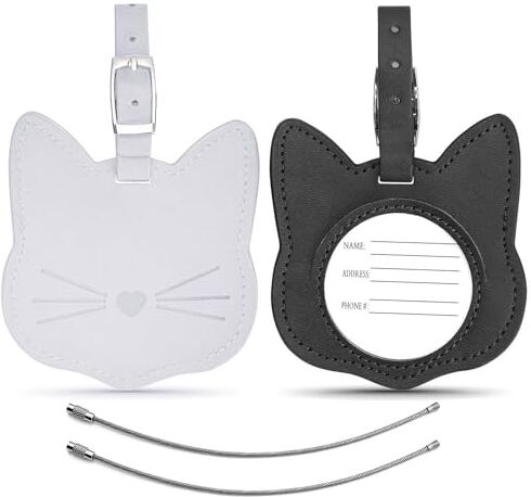 SwirlColor etichette valigia in Pelle 2pcs, bella etichette bagaglio gatto PU suitcase tags etichette per bagagli sicuri per valigia bagaglio viaggio nero bianco