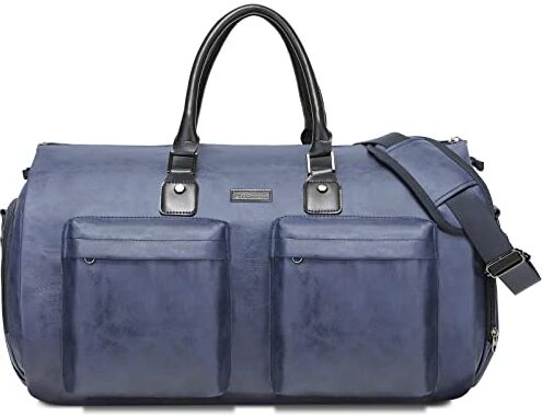 MODOKER Borsa Porta Abiti Convertibile in Pelle, Porta Abiti da Viaggio Borsone Porta Abiti Impermeabile Regali per Uomo Donna Business 2 in 1 Valigia da Appendere Borse da Viaggio, Blu