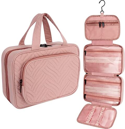 Carttiya Beauty Case da Viaggio, Borsa da Toilette per Donna Uomo Beauty Case Grande Pieghevole, con gancio per Appendere,Velluto-rosa