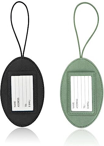 WisePoint Valigia Tags 2pcs, PU pelle bagagli tag con corda elastica, etichette per bagagli per donne con slot per carte e vetrina, etichette ovali per bagagli per valigie, bagagli (verde+nero)