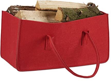 Relaxdays Borsa per legna da ardere, in feltro, portatile, portariviste pieghevole, altezza 25 x 25 x 50 cm, rosso