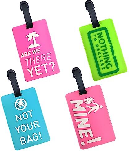 EQLEF ® Etichette per bagagli divertenti per valigie, etichette colorate per viaggi in PVC Set ID Tag ID 4 pezzi