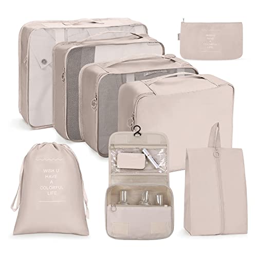 OSDUE Organizer Valigie, 8 Pezzi Waterproof Packing Cube Set, Separatori Buste Viaggio Travel Organizer, Abbigliamento Intimo Calzature Organizzatori Sacchi Valigia di Stoccaggio Set(Marrone chiaro)