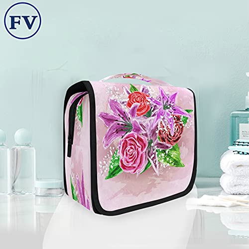 BEUSS Fiore Rosa Appeso Pieghevole da Toilette Borsa da viaggio Trousse da Toilette Beauty Case per da Donna Ragazza