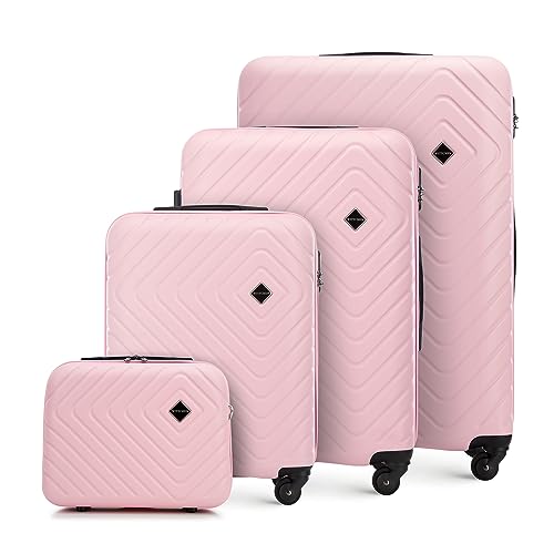 WITTCHEN Cube line Set di 4 valigie in ABS con Goffratura Geometrica 4 Ruote Manico telescopico Serratura a combinazione Taglia (S+M+L+Custodia cosmetica) Rosa chiaro