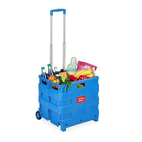 Relaxdays Carrello per la Spesa Pieghevole, 35 kg Carico, Manico Telescopico, Carrellino Trolley Portaspesa, Cesto, Blu, Plastica, Alluminio, Gomma, 98 x 45,5 x 37 cm