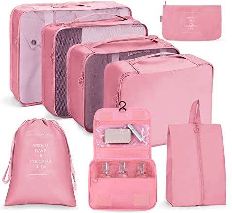 OSDUE Organizer Valigie, 8 Pezzi Waterproof Packing Cube Set, Separatori Buste Viaggio Travel Organizer, Abbigliamento Intimo Calzature Organizzatori Sacchi Valigia di Stoccaggio Set(Rosa)