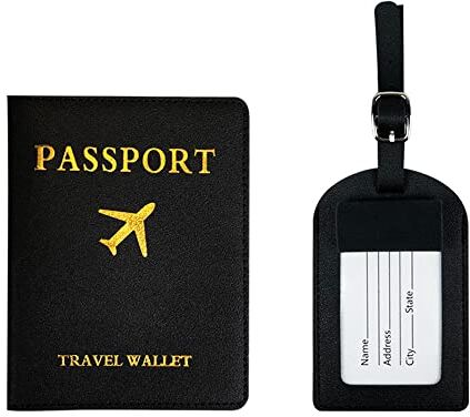 HMCEY Etichette Valigia e Custodia Porta Passaporto Kit, Targhetta Nome Personalizzata Bagaglio Zaino Custodia Passaporto Aereo in Pelle PU per Bambini Viaggio Lavoro, Nero