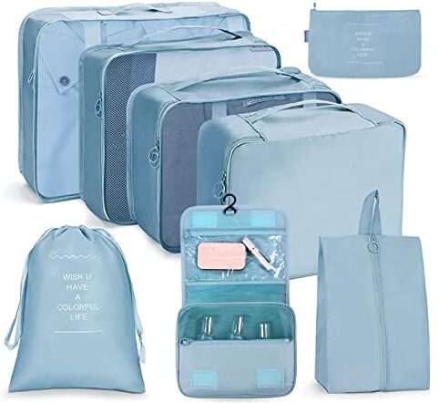 OSDUE Organizer Valigie, 8 Pezzi Waterproof Packing Cube Set, Separatori Buste Viaggio Travel Organizer, Abbigliamento Intimo Calzature Organizzatori Sacchi Valigia di Stoccaggio Set(Blu coreano)