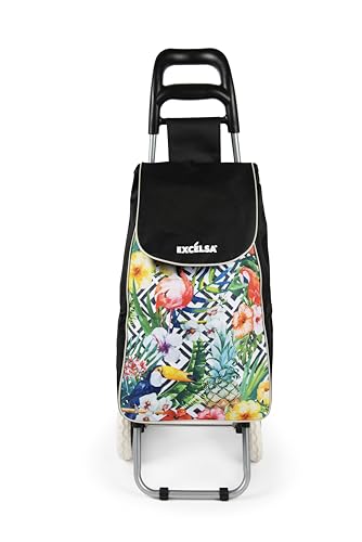 Excelsa Tropical Chic Carrello Porta Spesa, Capacità 38 L, Sacca Rimovibile, Idrorepellente