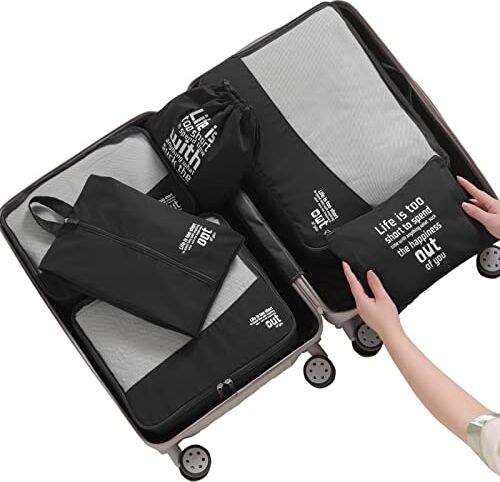 MURISE 6 di Set Organizer Valigia, Organizzatore per Vacanze e Viaggi, Packing Cubes Contiene Borse per Indumenti, per Scarpe, con Coulisse, per Accessori (Nero)