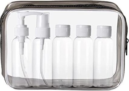 KEYRI Kit Bottigliette da Viaggio Set per Aereo 5 Pezzi 100ml Contenitori per Liquidi, Trasparente, Borsa da Toilette, per Cosmetici, FDA (Nero)