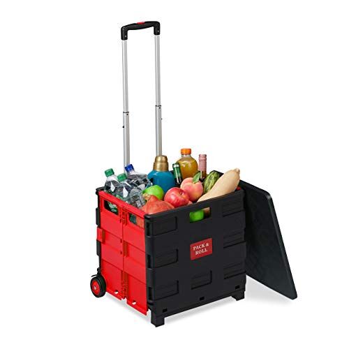 Relaxdays Klappbarer Einkaufstrolley Carrello per la Spesa Pieghevole, 50 L & 35 kg di Carico, con Manico Telescopico, Trolley Portaspesa, Rosso, 80% plastica 20% Alluminio, 99 x 45,5 x 37,5 cm