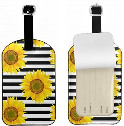 DTIGBVA Girasoli con Strisce 1 pezzi Etichetta Borsa da Viaggio in Pelle PU Tag ID Nome con Copertura Privacy per Uomini Donne Ragazzi Ragazze Valigia