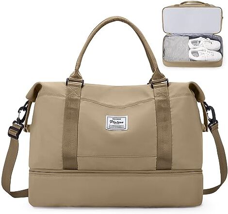 SEAFEW Borsone da Viaggio Donna, 45x36x20 Easyjet Bagaglio a Mano Borsa da Viaggio con Scomparto per le Scarpe, Borsa Sportiva Borsone da Palestra Grande, Borsa da Weekend,Borsa per Ospedale,E11-Cachi