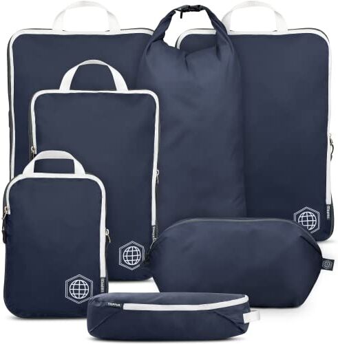 TRIPPED Travel Gear Cubi di compressione extra large per imballaggi da viaggio, organizer per bagagli extra large, set da 7 pezzi, ultraleggeri, espandibili/sacchetti a compressione per vestiti (blu navy/bianco)