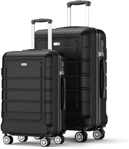 SHOWKOO Set di Valigie Rigide 2 Pezzi Espandibile ABS+PC Leggero Ultra Durevole Valigia Trolley da Viaggio con Chiusura TSA e 4 Ruote Doppie (M-L, Nero)