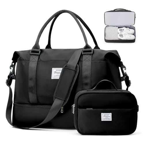 SEAFEW Borsone da Viaggio Donna, Bagaglio a Mano Borsa da Viaggio con Scomparto per le Scarpe, Borsa Sportiva Borsone da Palestra Grande, Borsa da Weekend, Borsa per Ospedale,C1 nero