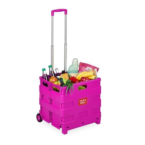 Relaxdays Carrello per Spesa Pieghevole, 35 kg Carico, Manico Telescopico, Carrellino Trolley Portaspesa, Cesto, Rosa, Plastica, Alluminio, Gomma, 98 x 45,5 x 37 cm