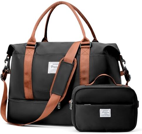 SEAFEW Borsone da Viaggio Donna, Bagaglio a Mano Borsa da Viaggio con Scomparto per le Scarpe, Borsa Sportiva Borsone da Palestra Grande, Borsa da Weekend, Borsa per Ospedale,C10-Nero Marrone