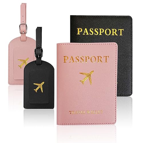 Mziart 4 etichette per passaporto, in pelle sintetica, per bagagli, per viaggi in aereo, per carte di credito, carta d'identità, documenti di viaggio (nero e rosa)