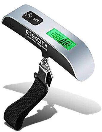 Etekcity Bilancia Pesa Valigie Digitale 50kg/110lb Sensore Temperatura Funzione Zero Tara, Errore 50g/0,1lb,Verde Retroilluminato,Batteria Inclusa,Argento Nero