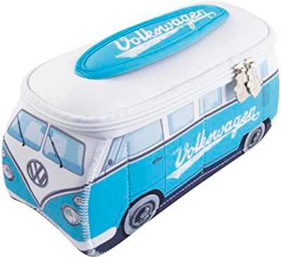 Brisa VW Collection Volkswagen Beauty-case da viaggio in Neoprene, porta oggetti con manico, Campervan Bus T1 design (Scritta/Azzurro/Grande)