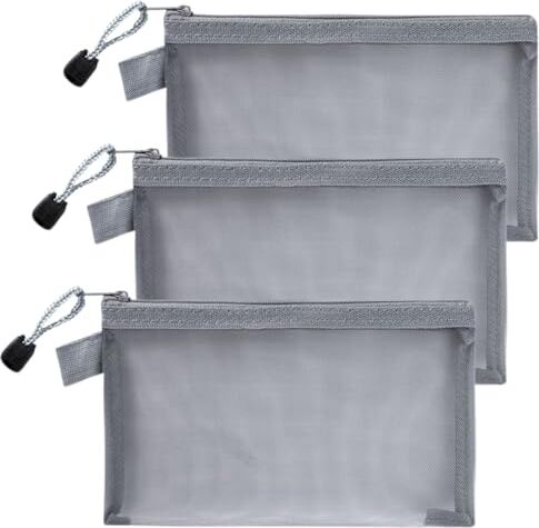 DJSUEW 3 Pezzi Confezione da borse da toilette in rete in nylon, con cerniera, per cosmetici, casa, ufficio, borsa per pannolini, colore grigio19 x 11cm