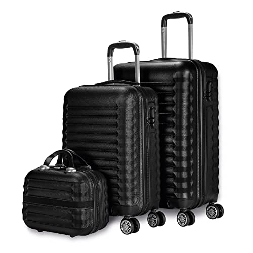 NUMADA Set di valigie 3pzs (53/63cm) e borsa da toilette Nero, ABS Resistente, Leggero con 4 ruote doppie e lucchetto combinazione laterale
