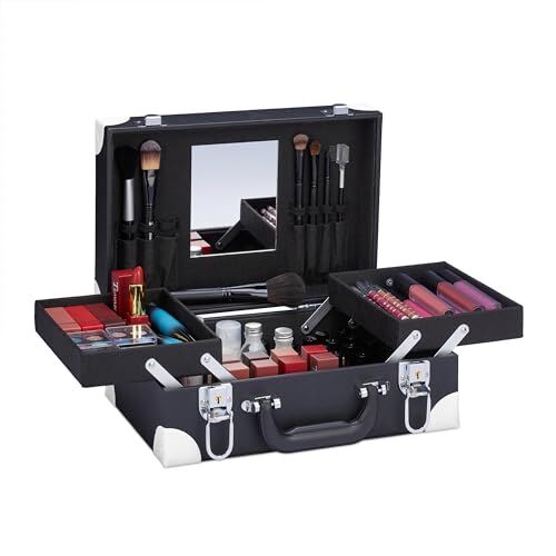 Relaxdays Senza Contenuto Valigetta per Trucchi, Organizer Make-Up per Cosmetici con Specchio, HLP 12,5 x 31 x 23 cm, Vuoto, Nero Bianco, Plastica, Poliestere, Vetro