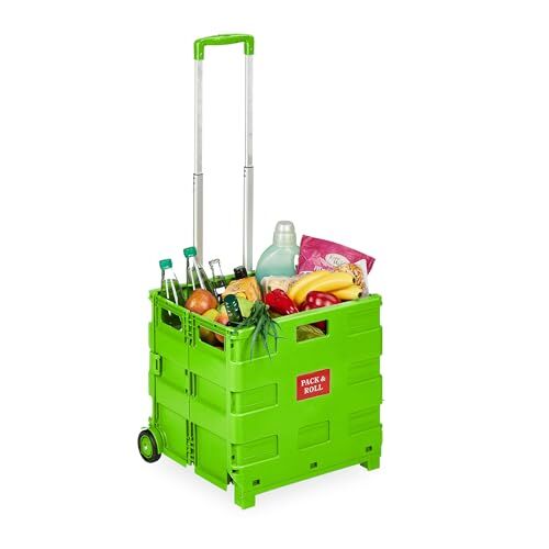 Relaxdays Carrello per Spesa Pieghevole, 35 kg Carico, Manico Telescopico, Carrellino Trolley Portaspesa, Cesto, Berde, Plastica, Alluminio, Gomma, Verde, 98 x 45,5 x 37 cm