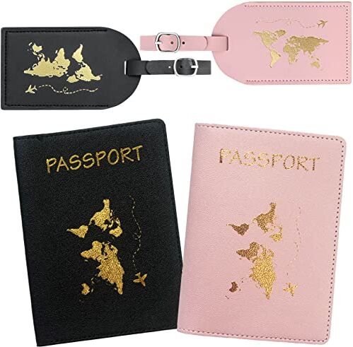 mellystore Etichetta Valigia e Custodia Passaporto, 2pcs Etichette per Bagaglio Aereo con 2pcs Porta Passaporto Coppia da Viaggio Aereo per Carte D'Identità Carte di Credito Biglietti Aerei (Nero, Rosa)