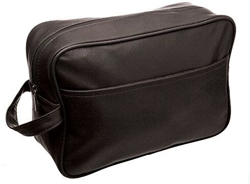 SANJO leather-effect Toiletries borsone con maniglia per il trasporto, colore: marrone/nero, grande, 27 x 9 x 19 cm