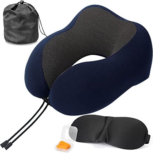 anshuke Cuscino da viaggio, set da viaggio con maschera per gli occhi 3D, tappi per le orecchie per la riduzione del rumore e borsa organizer lavabile in lavatrice (blu scuro)