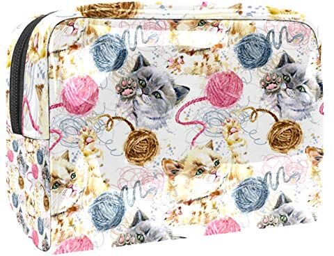 FunHOMEs Piccola borsa da viaggio per cosmetici da viaggio per donne e ragazze, impermeabile, portatile, organizer per riporre tutti i giorni, simpatico gattino che gioca palla di filo di lana