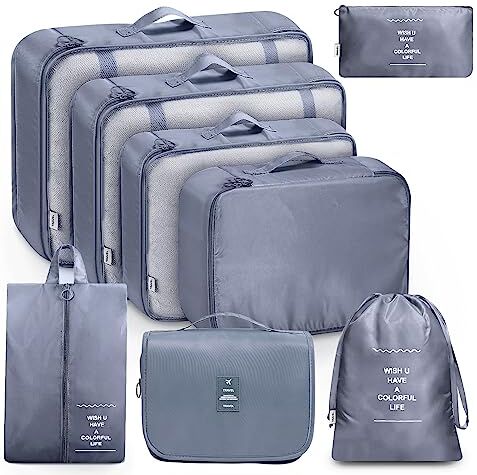 MURISE 8 Pezzi , Organizer Valigia, Organizzatore per Valigia per Vacanze e Viaggi, Organizer Valigie Set, Viaggio Accessori Utili Grigio Spazio